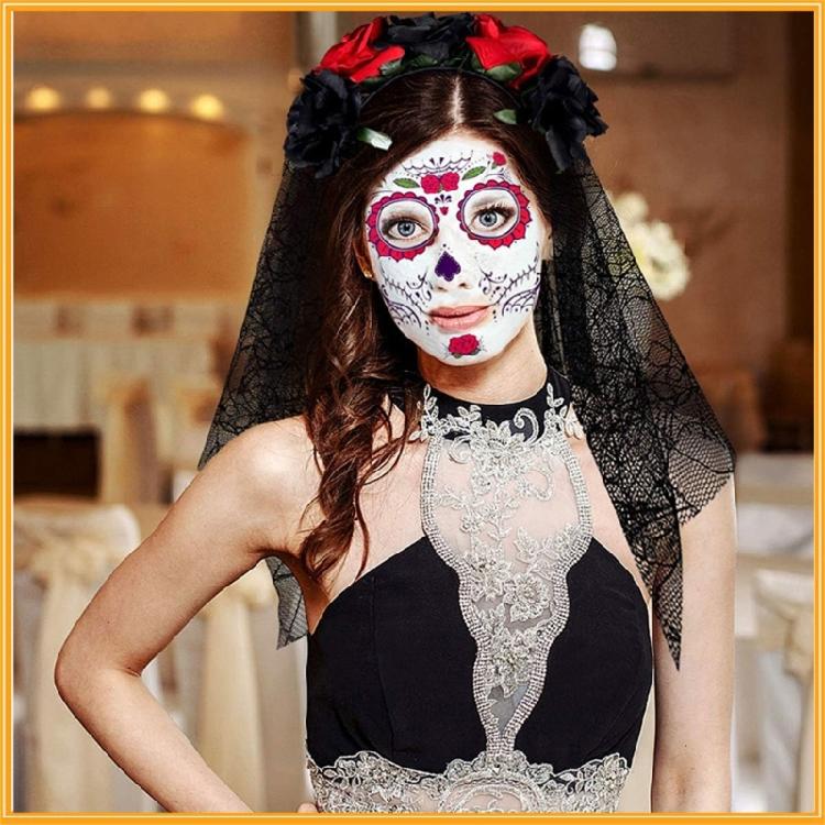 3 Stück Día de los Muertos Kostüm Zuckerschädel Kostüm Blumen Stirnbänder Rosen Temporäre Tätowierte Gesicht Aufkleber für Frauen