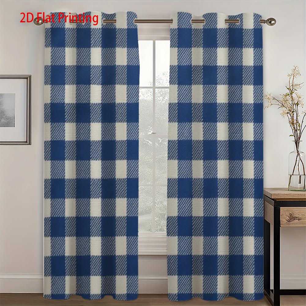 2D Flat   2pcs   2D Flat Printing Curtains   Blue White Checkered Pattern for Home Decor - Punch Hole Velvet Fabric Drapes in Livin