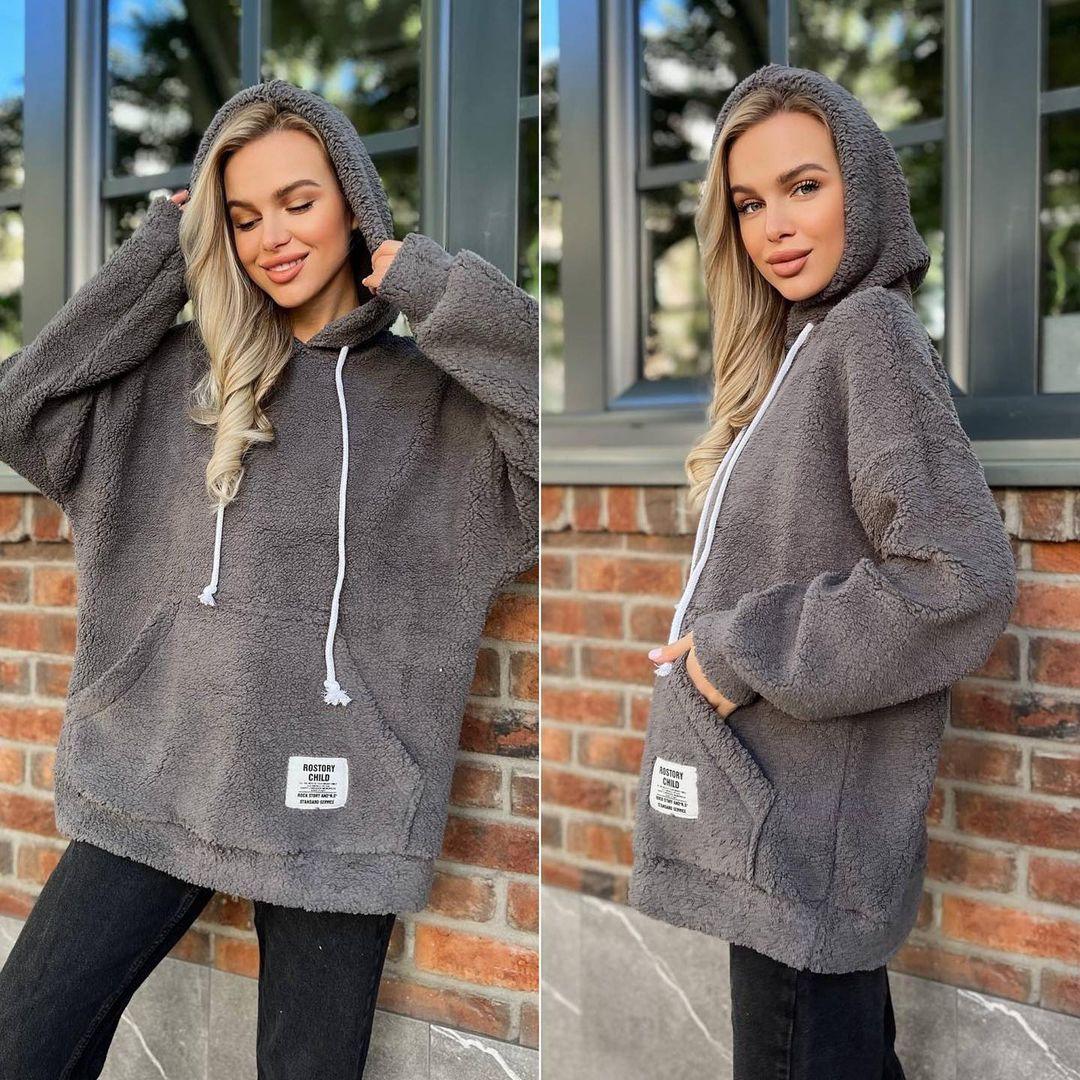 BITCED Фланелевой свободный пуловер с капюшоном и длинными рукавами — фото 5