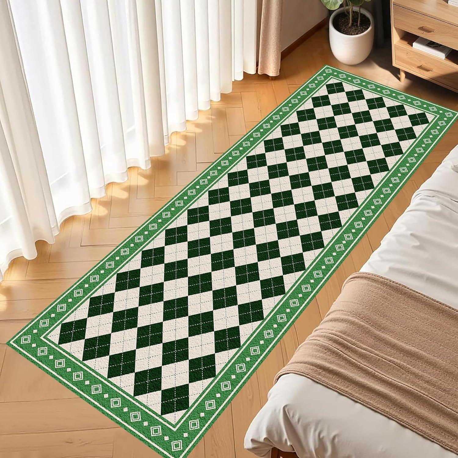Geruite Loper, Vintage Klassiek Donkergroen Geometrisch Ruitjes Tapijt, Zachte Antislip Esthetische Lopers voor Woonkamer 50x150cm(20x59in)