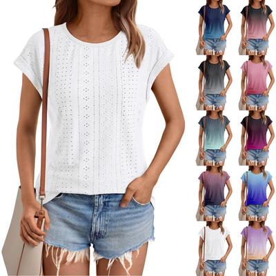 Kadın Üstler Kısa Kollu Tişörtler Baskılı Bluz Şık Günlük Ajur İşleme Yaz Moda Giyim