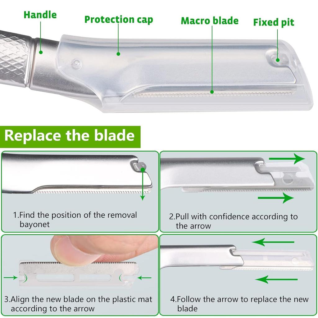 Dermaplaning Tool for Face Exfoliation, with 20 Replaceable Blades (Silver)