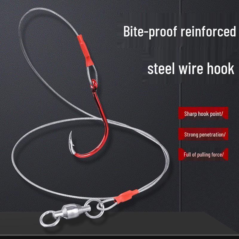 Red Pomfret Sea Fishing Set: Anti-Bite Bass & Pomfret Hooks with Pre-Tied Leader, Steel Wire, and Grouper Hook. Size 13