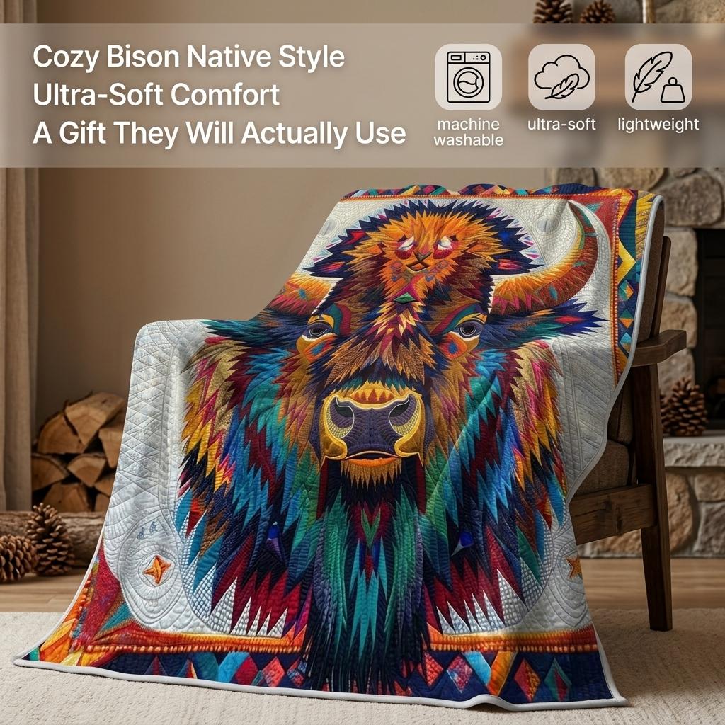 1PC Bohemian Aztec Bison Portrait Thick Flannel Throw Blanket, Soft Warm Portable Throw, Perfect Gift for Adults Boys Girls