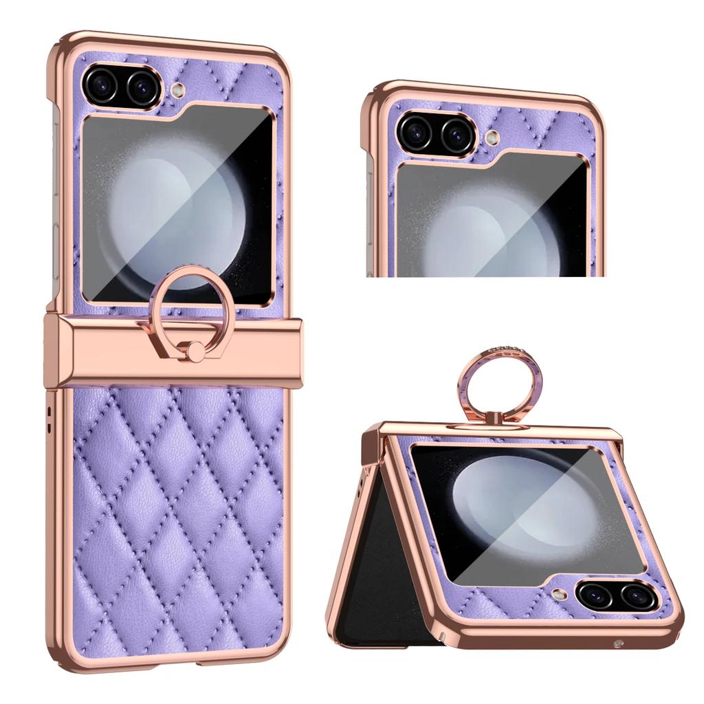 Electroplated Ring Leather Phone Case for Samsung Galaxy Z Flip 7 6 5 4 3 Flip6 Flip5 Flip4 Flip3 5G Shockproof  Holder  Cover