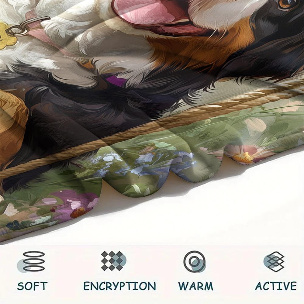 Bernese Mountain Dog and Flowers pattern Flannel Blanket, High quality Comfortable for All Seasons, Home Decor, Warmth and Comfort, Perfect for Gifts.