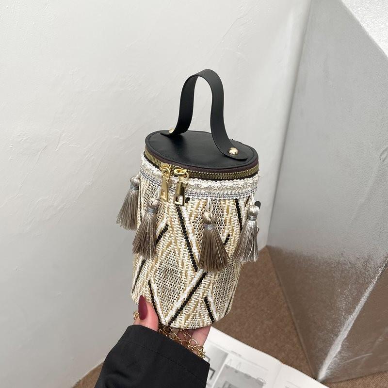 Stylish Round Box Bag For Women In Ethnic Design Soft Weave With Tassel Detail