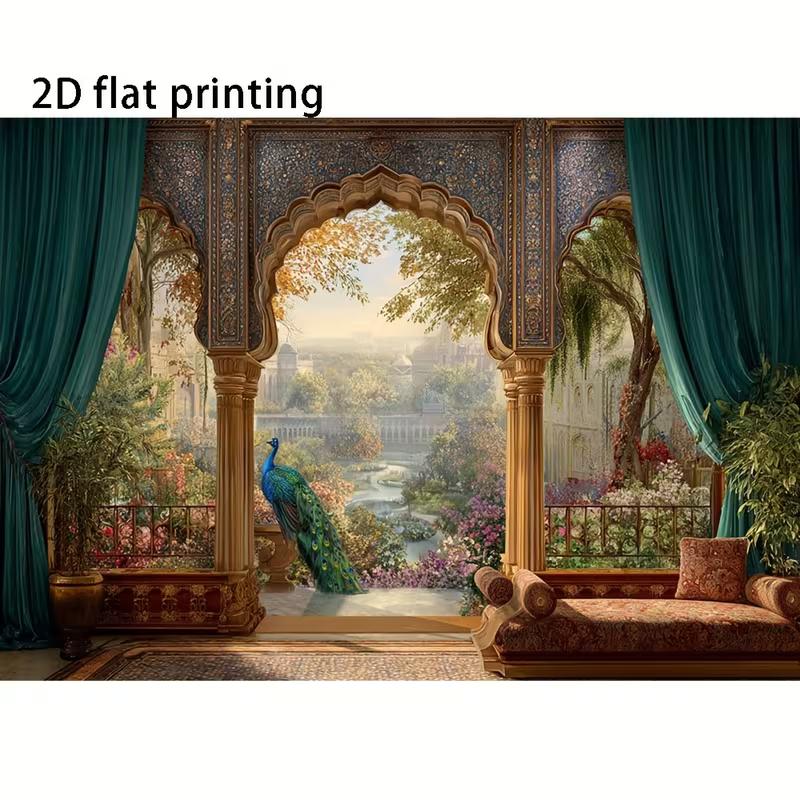 2D Indian Palace Photography Backdrop, Mughal Style Arch with Peacock & Garden View Background Cloth