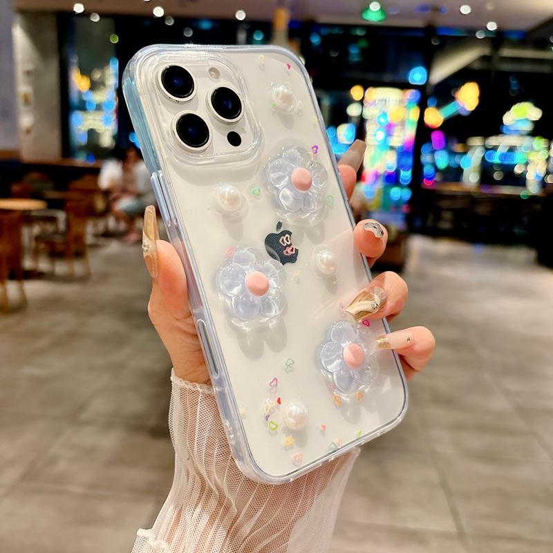 INS Korea 3D Flower 2 IN 1 Transparent Phone Case For iPhone 17 16 12 13 14 15 Pro Max Shockproof Frame Clear Soft Cover