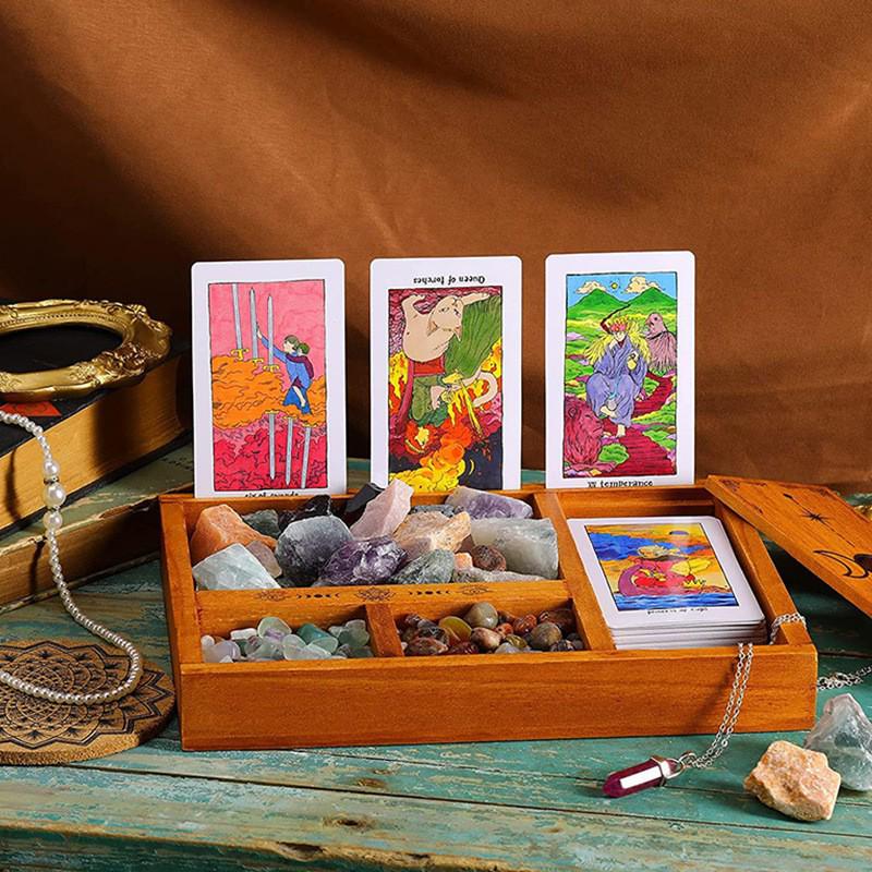 Wooden Tarot Card & Crystal Display Stand with Storage Box
