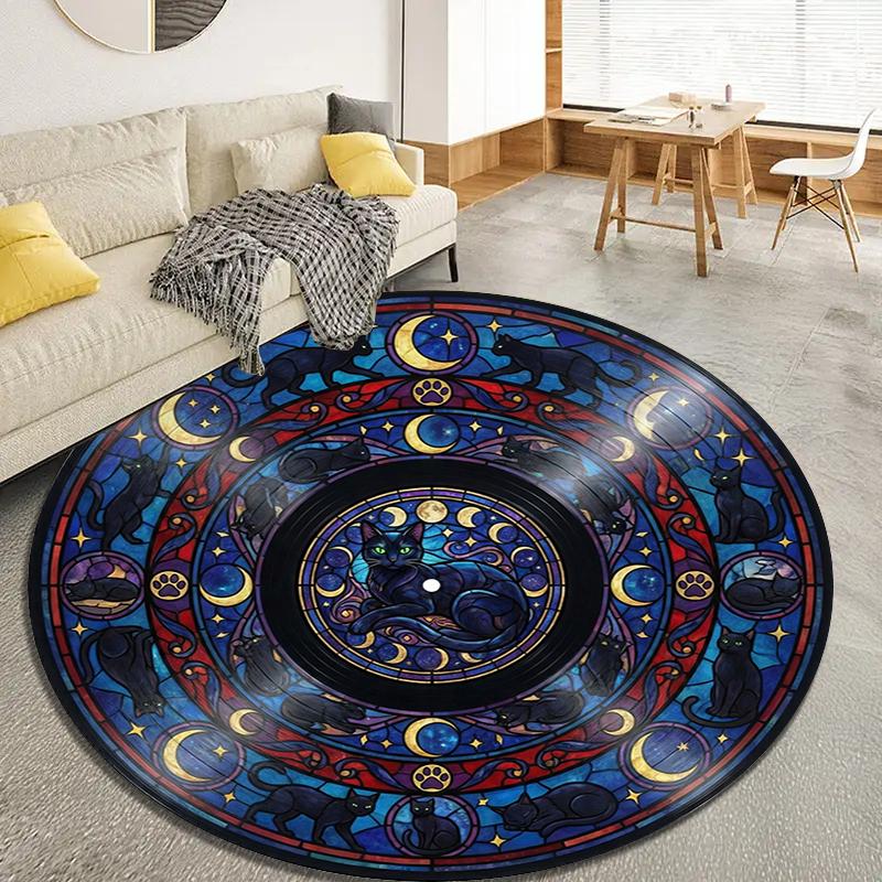 Stained Window Black Cat Round Area Rug,Carpet Rug for Living Room Bedroom Sofa Playroom Decor,Non-slip Floor Mat Q0043