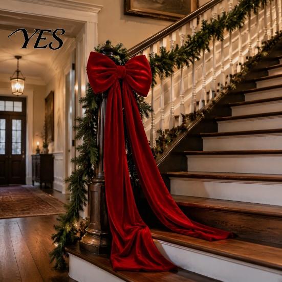Winter Wedding Celebration Decor Large Velvet Christmas Tree Topper Bow, Giant Bow with Long Red Bows for Fireplace Streamers Room Wall Backdrop,