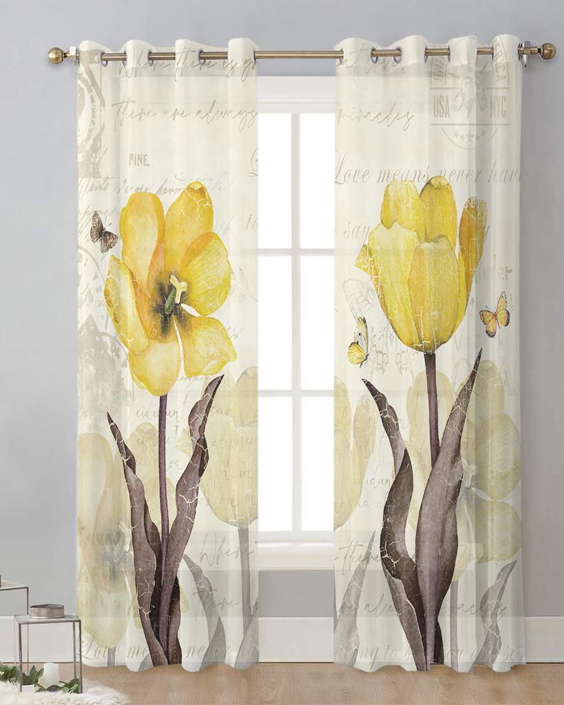 Vintage Flowers Butterflies Yellow Tulips Sheer Curtains for Living Room Decoration Window Curtains Kitchen Tulle Voile Curtains