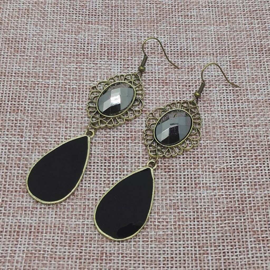 Women Fashion Bohemian Retro Water Drop Cut Out Flower Gemstone Earrings