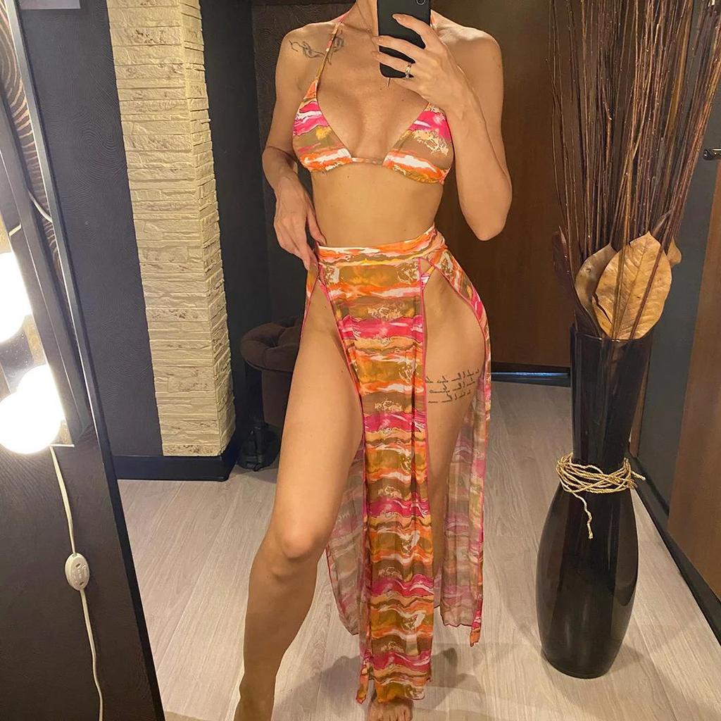 Sexy Printed Halter With Long Skirt Bikini Female Swimsuit Women Swimwear Three-pieces Bikini Set Bather Bathing Suit Swim