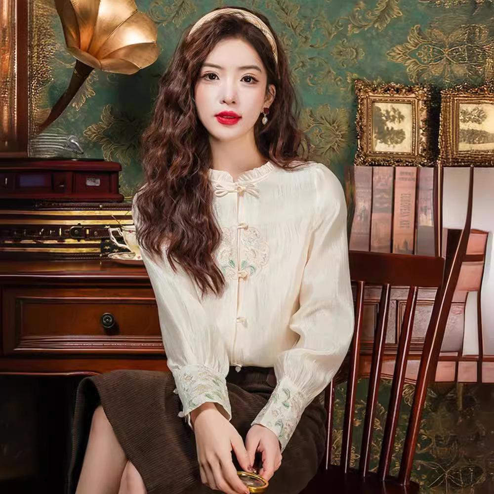 Women's Spring Retro Embroidered Chiffon Blouse with Frog Buttons and Stand Collar in Apricot