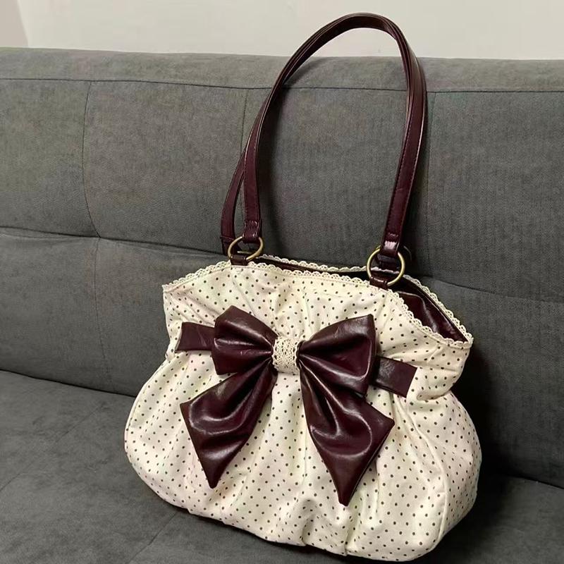 Vintage Y2k Gepunktete Schleife Schultertasche Japanische Süße Achseltasche Stilvolle Niedliche Lolita Handtasche Lässige Vielseitige Plüsch-Tragetasche