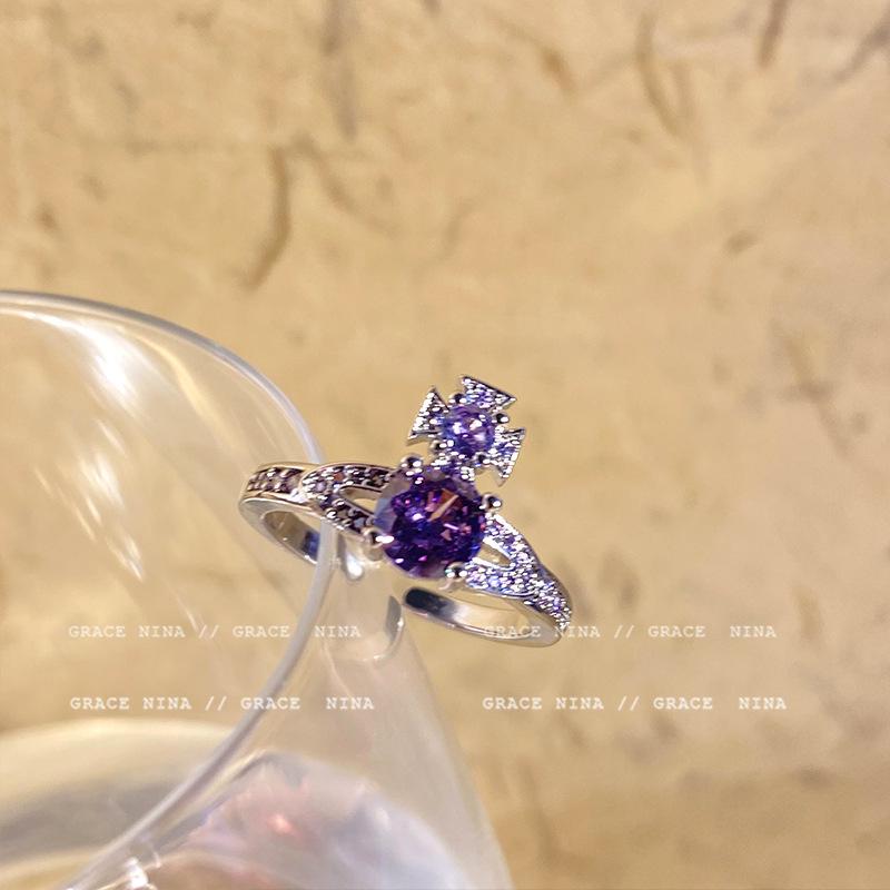 Shining Diamond Saturn Ring - Women s Luxury High-End Fashionable Personalized Ring for The Index Finger Purple Diamond