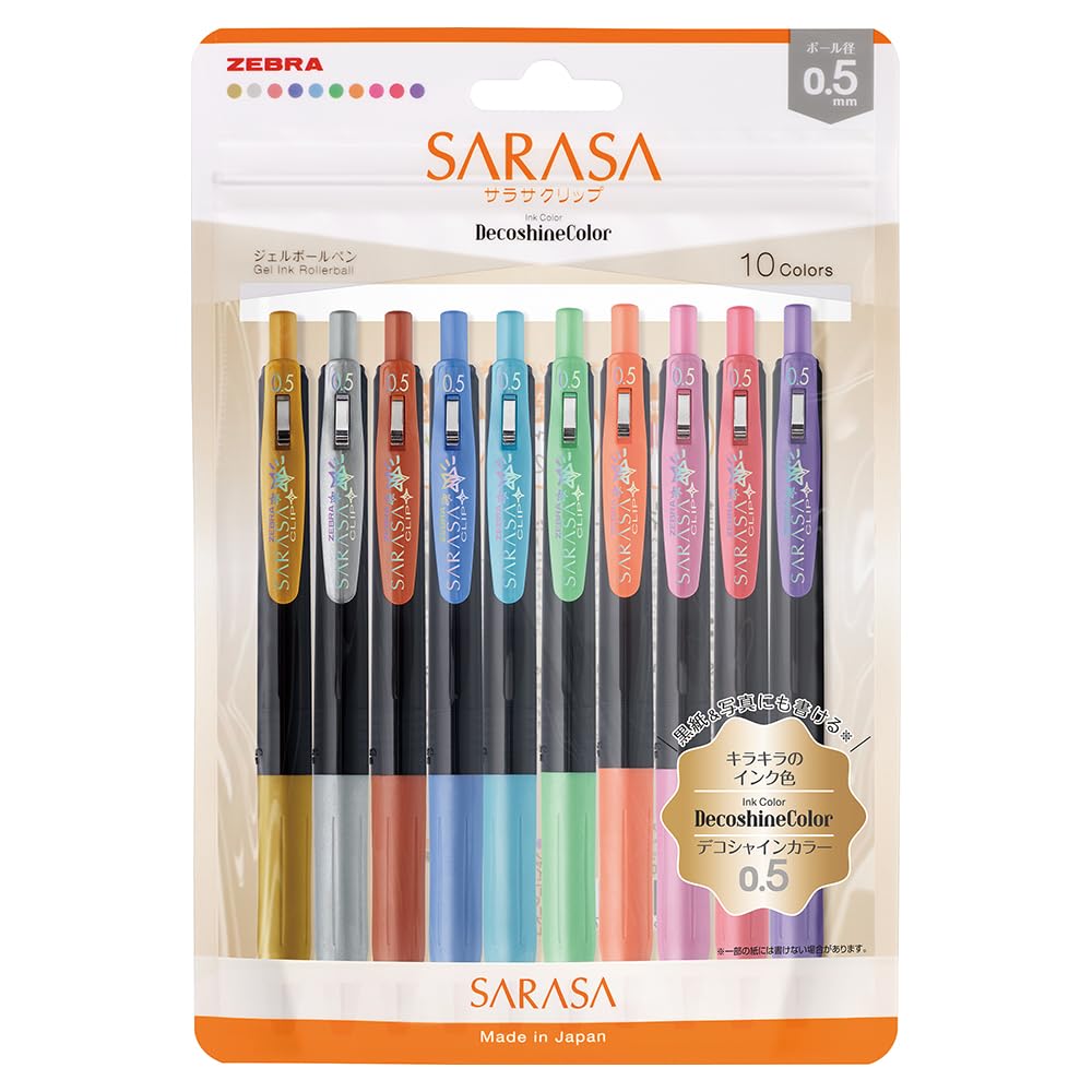 Zebra Sarasa Clip Gel Ballpoint Deco Pen, 0.5mm, Shine, 10-Color Set, N, JJ15-10C-SH-N