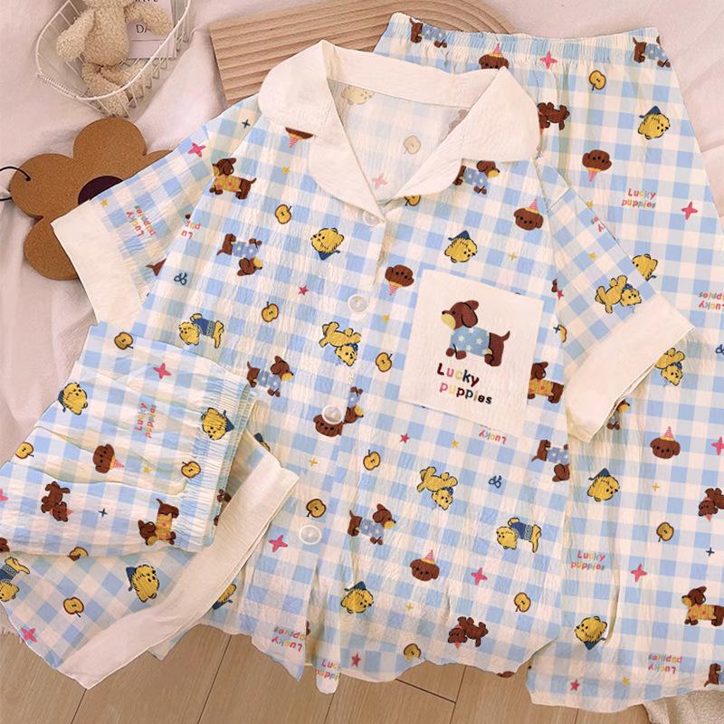 Homewear Cloud Cotton Frühling und Sommer Pyjama Damen Kurzarm Hose Cartoon Welpe Mädchen Dreiteiler