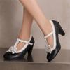 Women Lolita Mary Janes Pumps Round Toe Thick High Heels Buckle Bow T-tied Kawaii Ladies Fashion Cosplay Shoes Spring Autumn 46