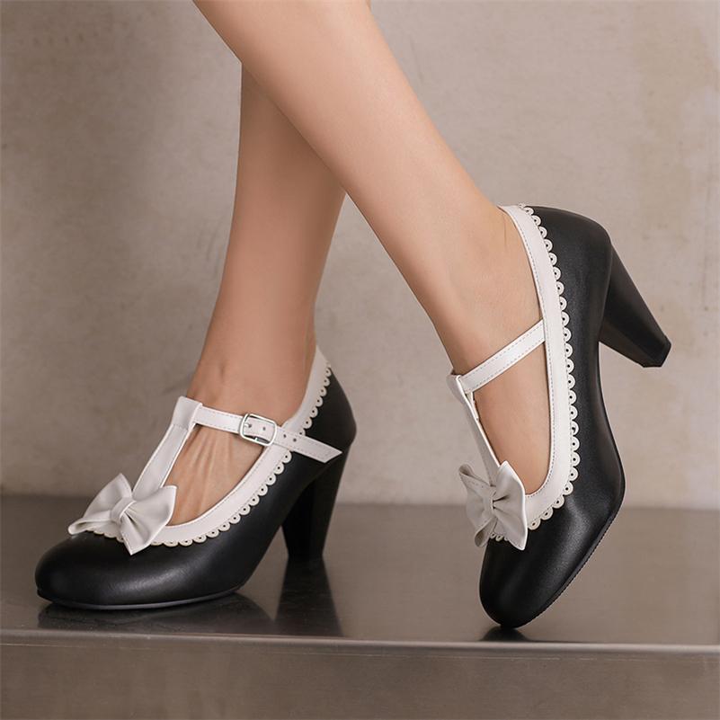 Women Lolita Mary Janes Pumps Round Toe Thick High Heels Buckle Bow T-tied Kawaii Ladies Fashion Cosplay Shoes Spring Autumn 46