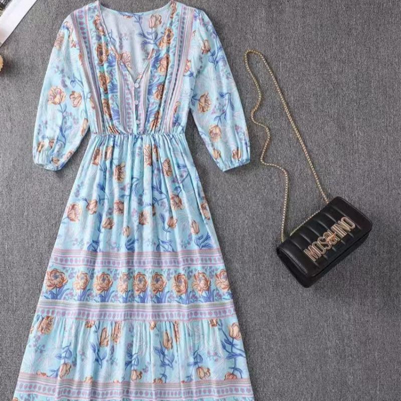 

Длинное платье А-силуэта в стиле бохо, женское платье с высокой талией XL синий