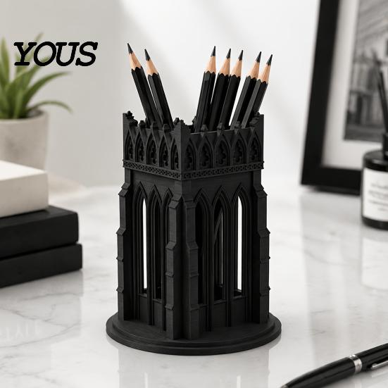 Medieval Style Pencil Holder Gothic Pen Holder, Cathedral Makeup Brush 3D Printed Church Architecture Desk Organizer Organizer, Vanity Storage Cup for