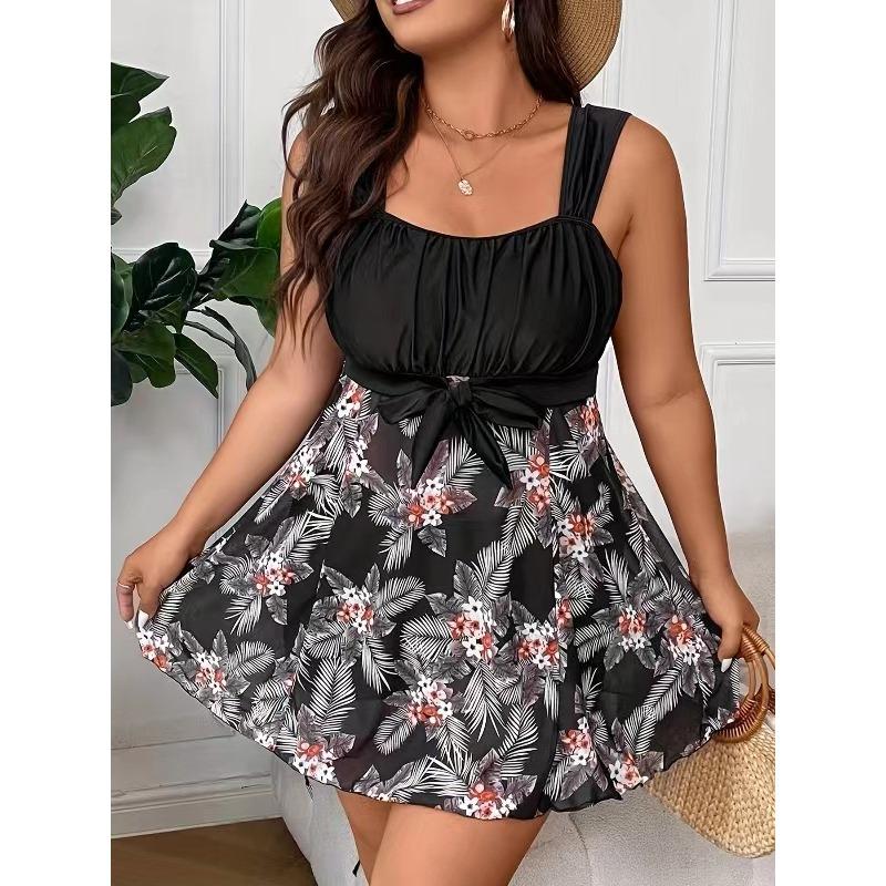 Women s Plus Size Black Tropical Print Bow Tankini With Boyshort Two-Piece Swimsuit 0XL чёрный