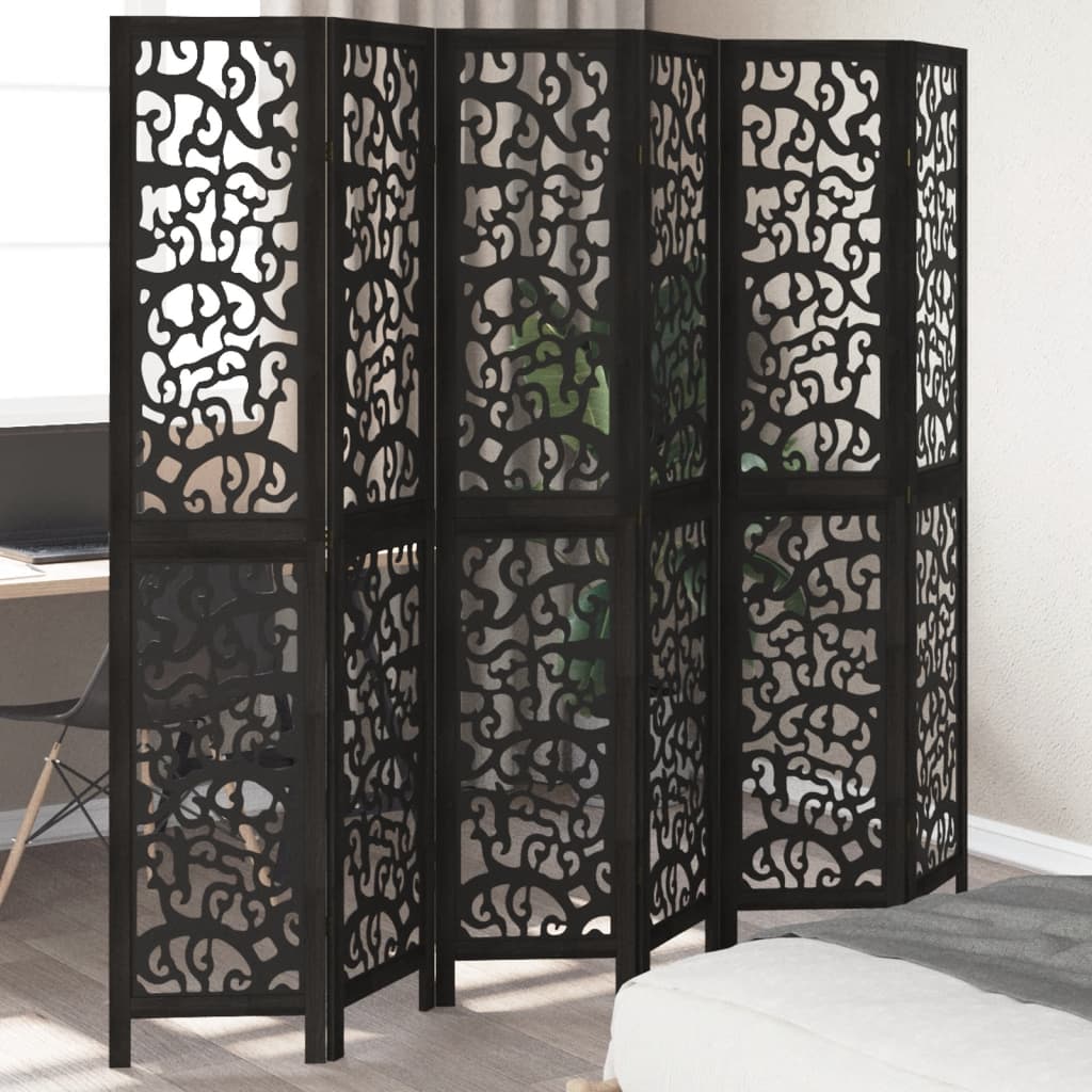 6 Piece Black Solid Wood Folding Screen Paulownia