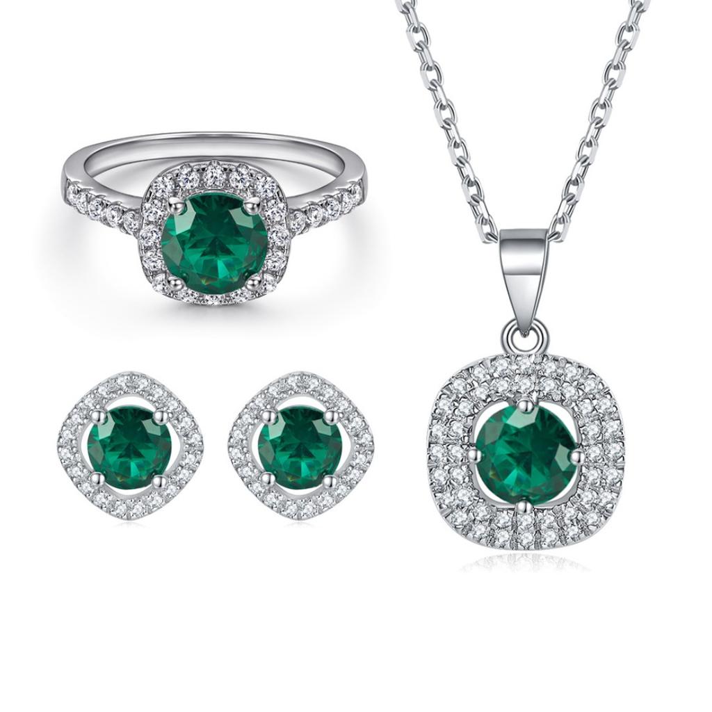 European and American jewelry set s925 sterling silver ring stud earrings necklace women's set emerald jewelry spot wholesale