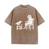 2026 Vintage Washed Grey Cat And Bird Drinking Tea Graphic T Shirt Retro Woodcut Art Print Oversized Casual Short Sleeve Tee