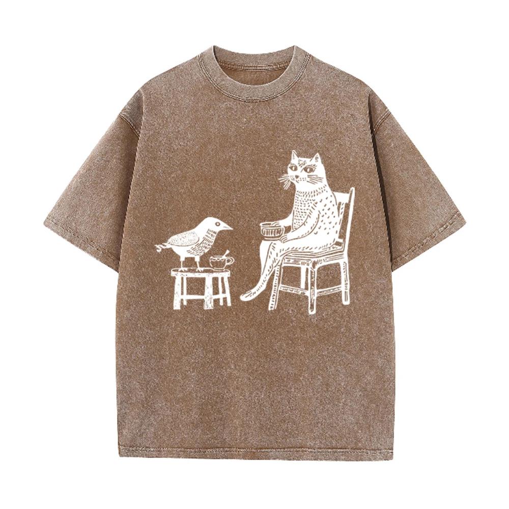 2026 Vintage Washed Grey Cat And Bird Drinking Tea Graphic T Shirt Retro Woodcut Art Print Oversized Casual Short Sleeve Tee