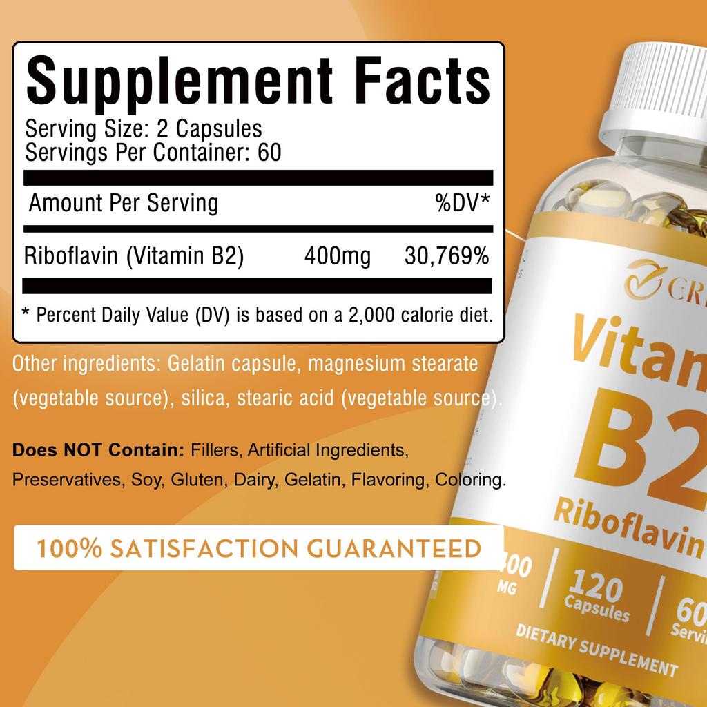 GREVIP Vitamin B2 Riboflavin, 400 mg per serving, supports energy and metabolic health, non-GMO.