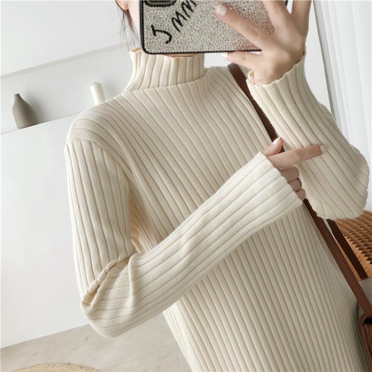 Knitted dress women's autumn and winter new pit strips straight inside with long loose temperament sweater over the knee bottom long dress
