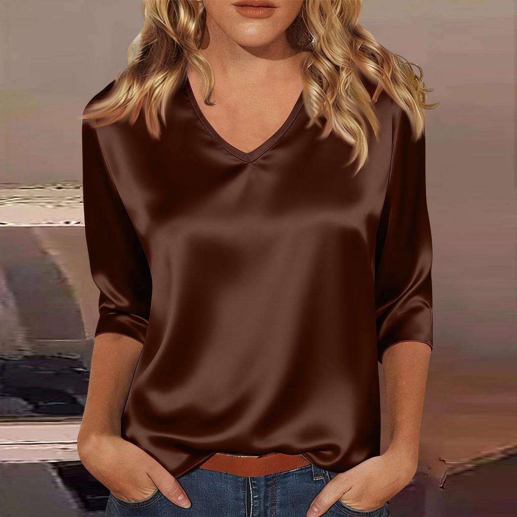 Women's V-neck Three-quarter Sleeve Satin Shirt Top, Lightweight For Spring And Summer