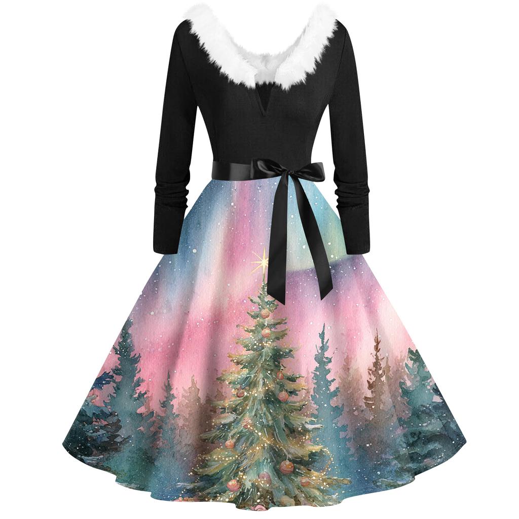 Damenmode V-Ausschnitt Lässig Schlank Weihnachten Bedruckt Langarm Haarkragen Kleider
