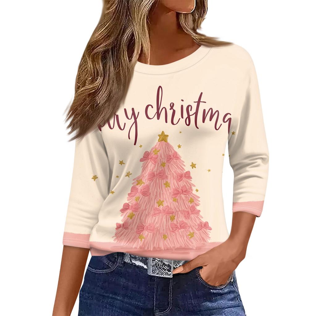 Women's O-Neck 3/4 Sleeve Christmas Print Top