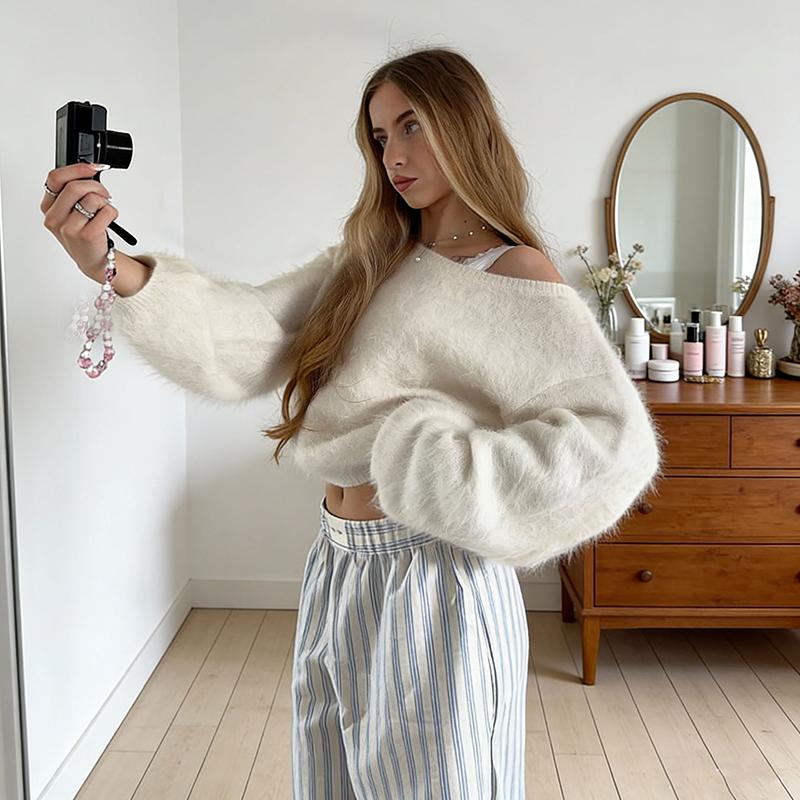 Casual Gebreide Trui Dames Pullover 2026 Lente Losse Off-shoulder Trui met Lange Mouwen Streetwear Dames Warme Street Gebreide Tops