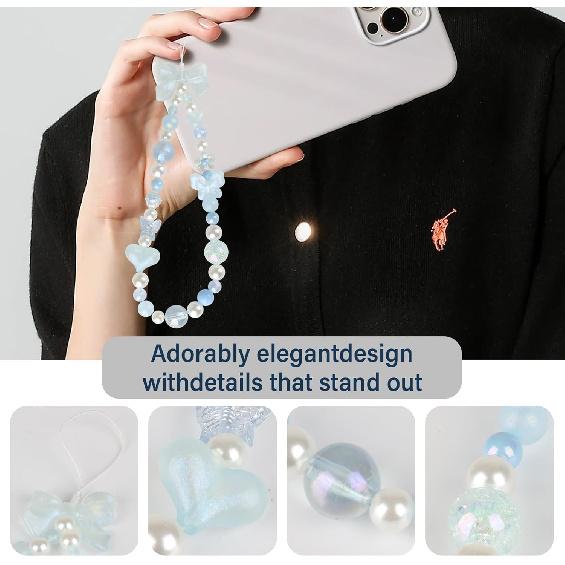 LUVI Beaded Phone Charm Lanyard Wrist Strap Love Heart Bow Beads Butterfly Chain Flower String Pearl Bling Bracelet Keychain Cute Fashion for Women