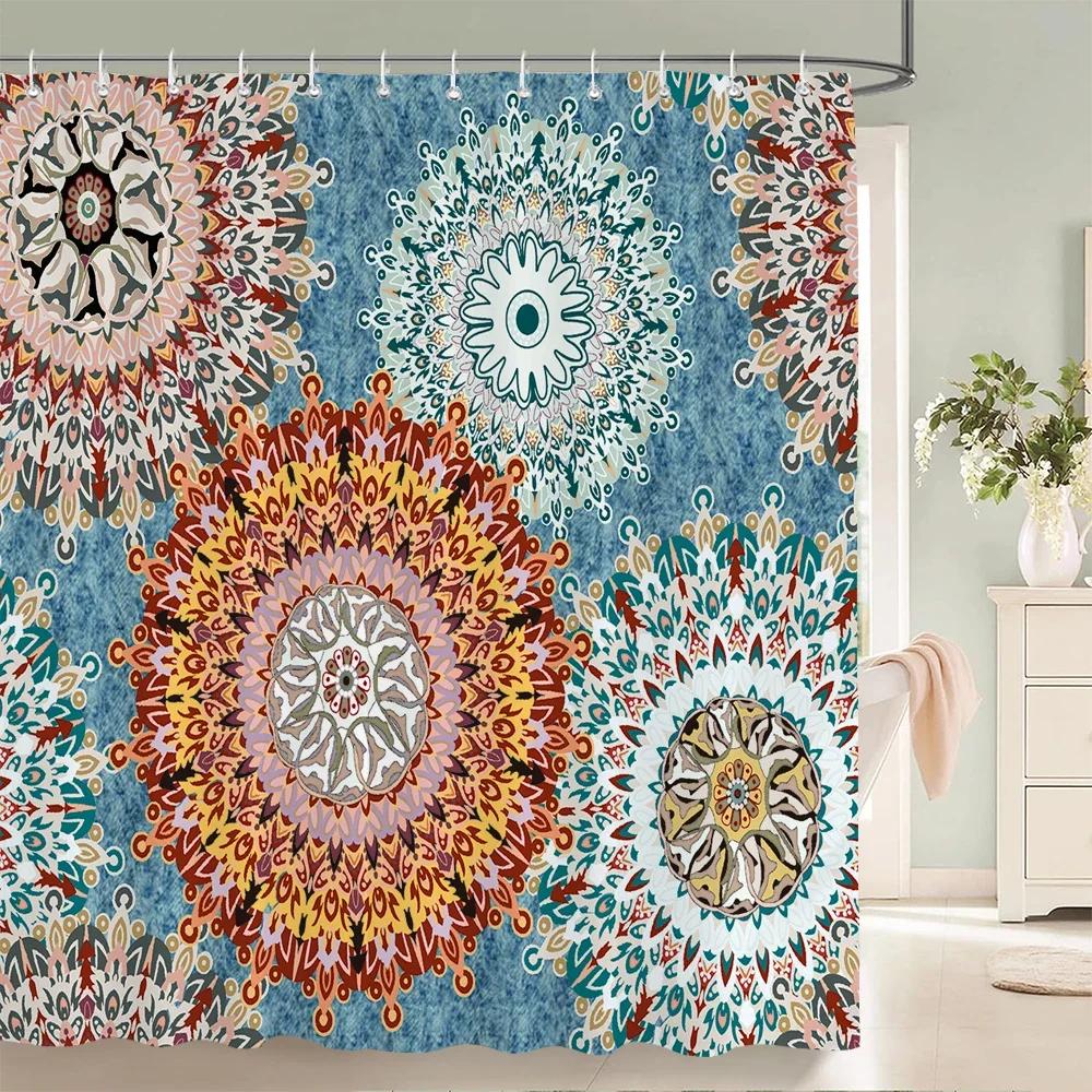 High Quality Indian Mandala Pattern Printed Fabric Shower Curtains Bohemian Bath Screen Waterproof Bathroom Decor with 12 Hooks