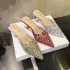 Women Slippers Summer New Rhinestone Half Slippers Toe Sandals High Heel Slippers for Women Outside Thin Heels and Pointed Toes