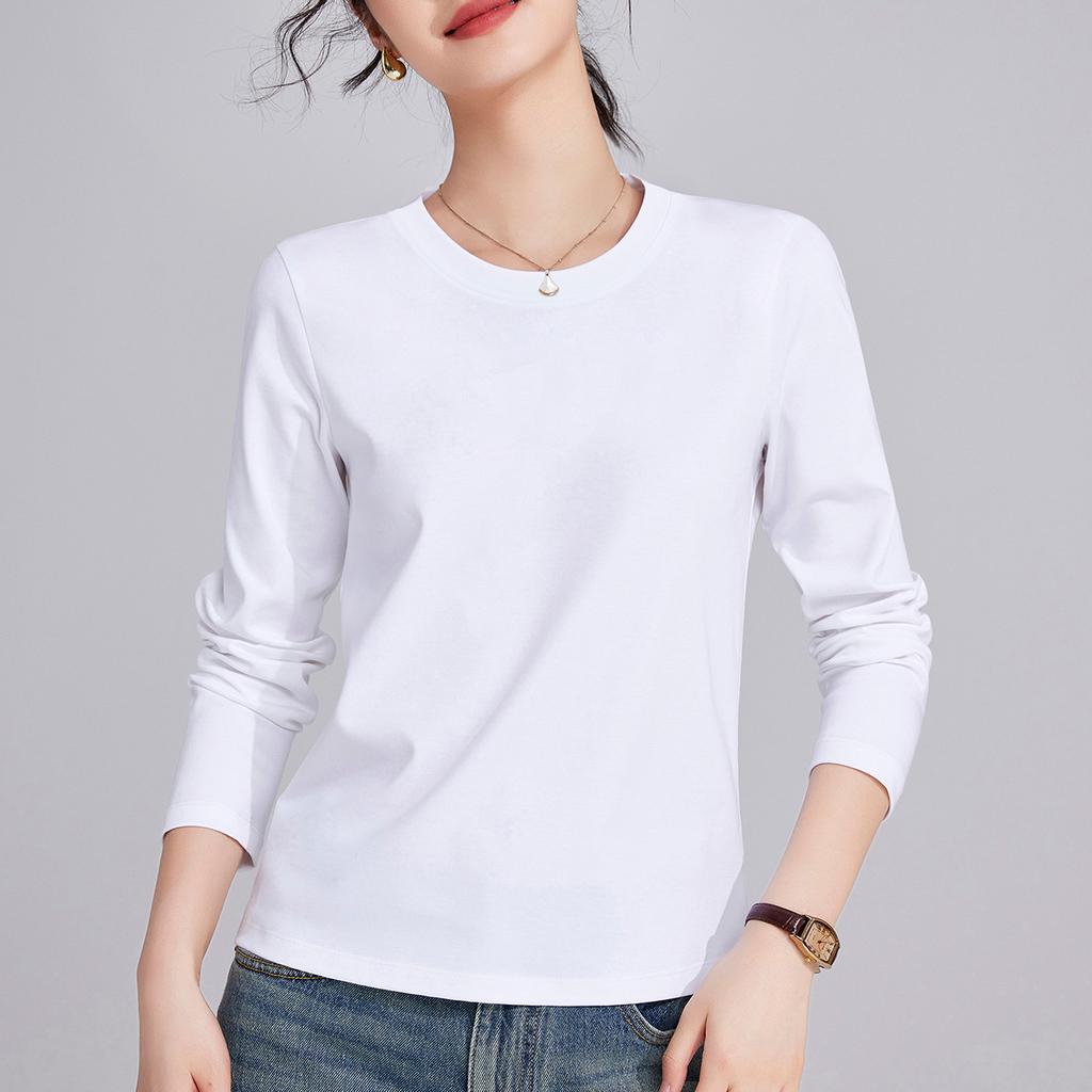 White Women's Long-sleeved Bottoming Shirt Spring and Autumn New Shirt with T-shirt Mercerized Cotton Stunning Top