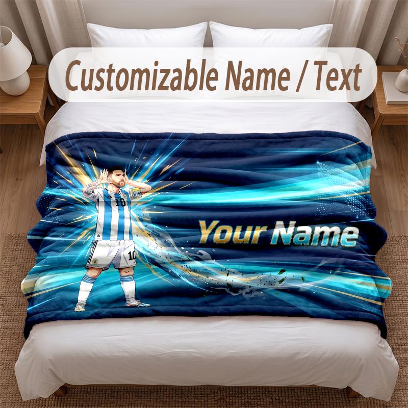 Lionel Messi Printed Flannel Blanket Custom Name Text Soft Warm Throw For Bedroom Holiday Gift