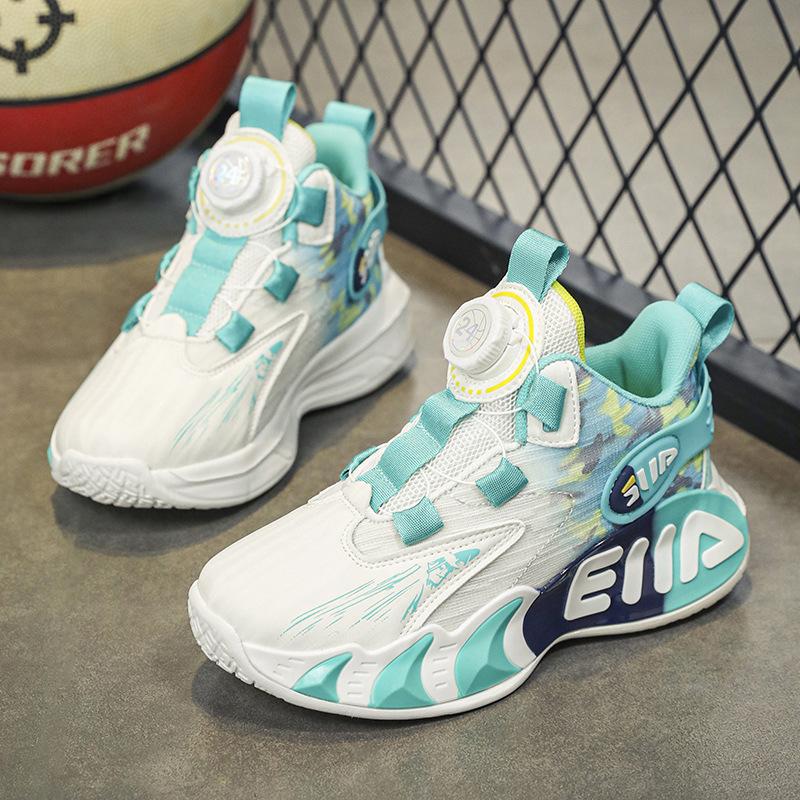 Children's Basketball Shoes Boys Spring and Autumn Leather New White Mesh Button Sneakers Friction Sound Running Shoes