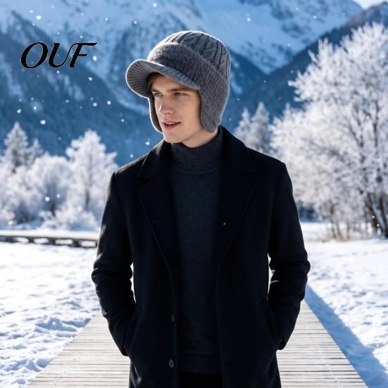 Warm Stretchy Visor Cap Winter Hat with Brim And Ear Flaps, Fleece Lined Knitted Hat, Sports for Hiking Fuzzy Men, Cold Weather Outdoor Cycling