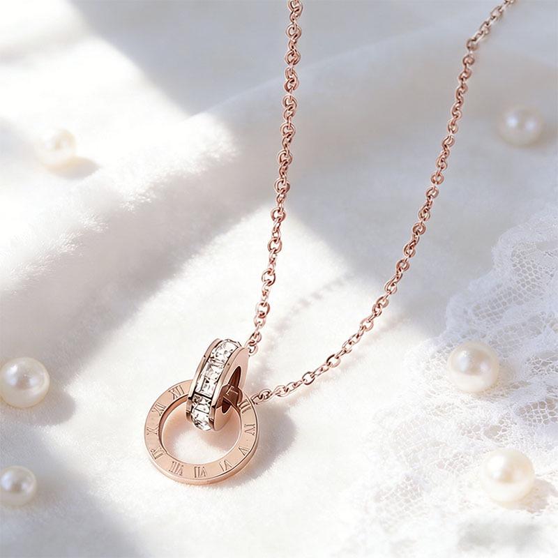 Korean Style Rhinestone Titanium Necklace & Double Ring Jewelry Set