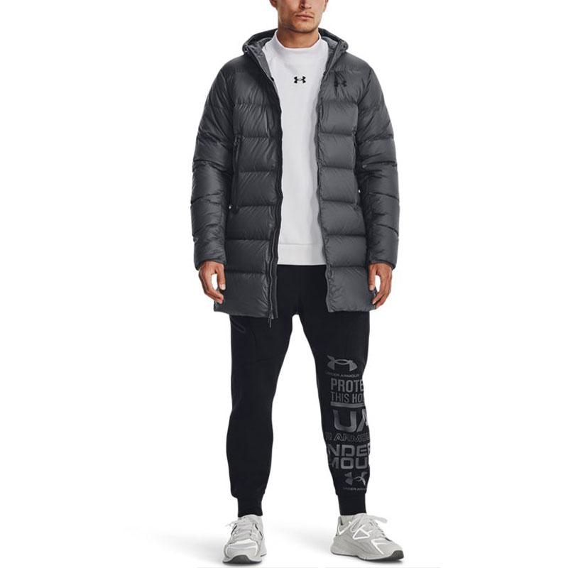 Under Armour Solid Mid-Length Hooded Down Jacket Men Outerwear Grey 1373663-012