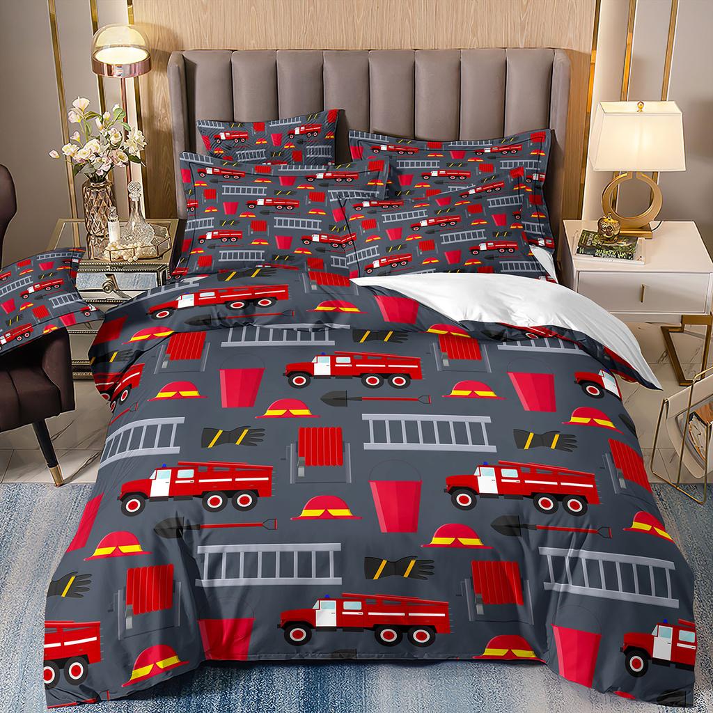 Construction Vehicle Excavator Truck Fire Truck 3D Digital Printing Bed Three-Piece Quilt Kit