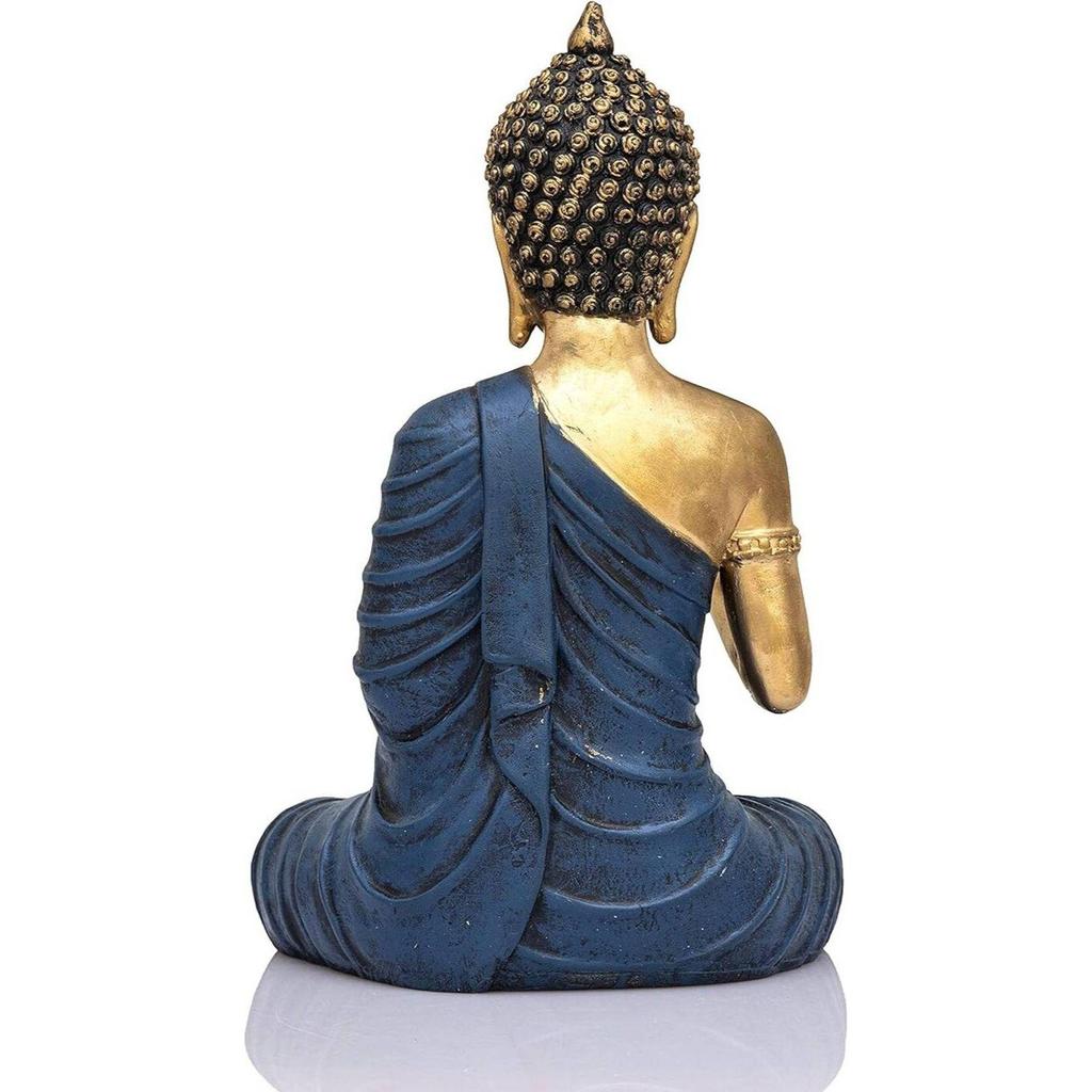 Medytujący siedzący posąg Buddy, ozdoba domu, prezent do salonu, dekoracyjny eksponat - 27 cm (Żywica, niebieski, złoty)
